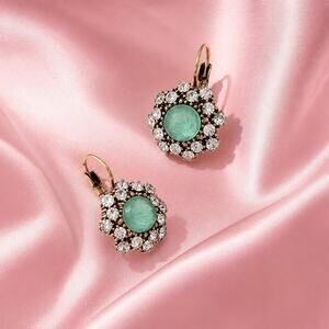 Museum Crystal Flower Court Earrings Mint Green Gold CZ VTG Boho Antique Halo